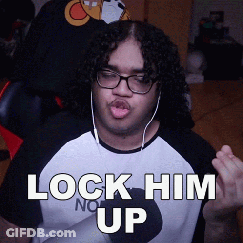 Man With Curly Hair In Headphones And Lock Him Up Shirt GIF
