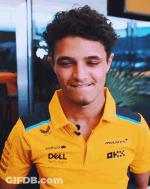 Man With Curly Hair In Yellow Dell Polo GIF