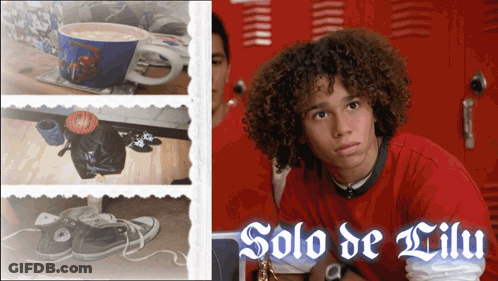Man With Curly Hair Sitting In Front Of Red Locker Solo De Liliu GIF