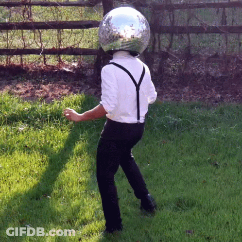 Man With Disco Ball On Head Standing In Grass GIF