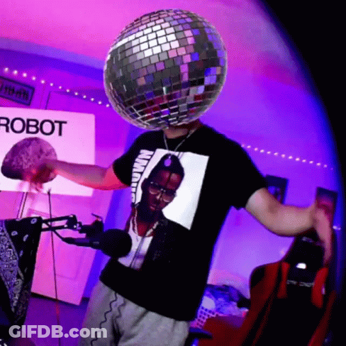 Man With Disco Ball On Head Wearing Robot T-Shirt GIF