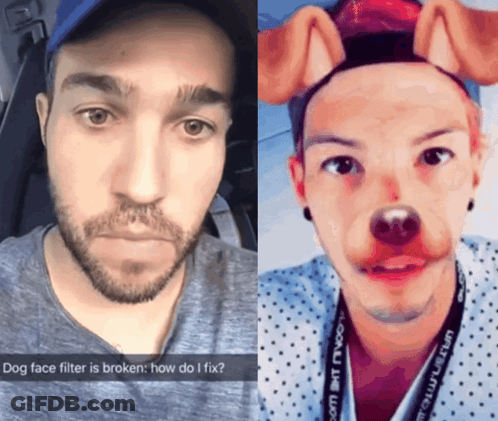 Man With Dog Face Filter Next To Man In Polka Dot Shirt GIF