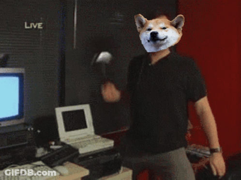 Man With Dog Head On Face In Front Of Live Sign GIF