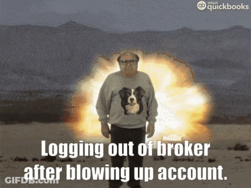 Man With Dog On Sweater In Front Of Explosion Saying Logging Out Of Broker After Blowing Up GIF