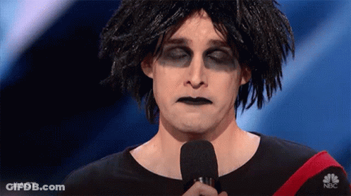 Man With Dreadlocks And Black Makeup Holding Microphone In Wig GIF