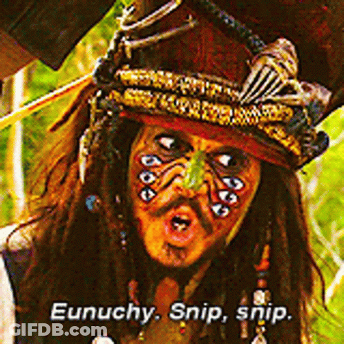 Man With Dreadlocks And Pirate Hat Saying Eunuchy Snip Snip GIF