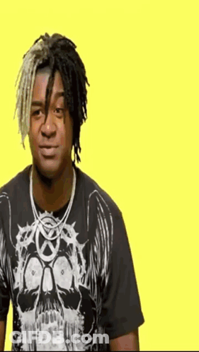 Man With Dreadlocks And Skull Shirt On Yellow Background GIF