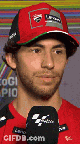 Man With Ducati Hat And Lenovo Shirt On Microphone GIF
