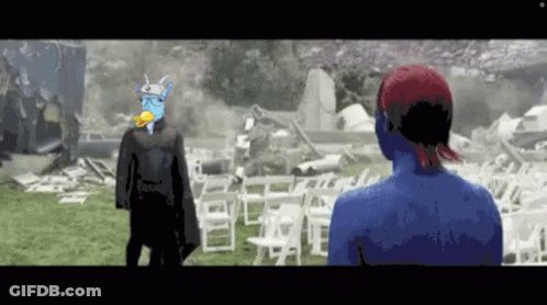 Man With Duck On Head Next To Woman With Blue Body GIF