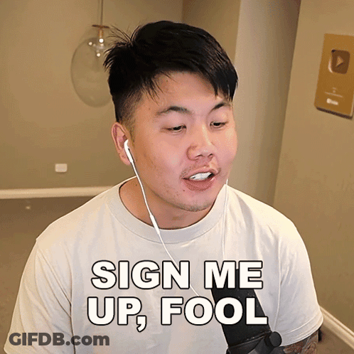 Man With Ear Buds And Sign Me Up Fool Shirt GIF