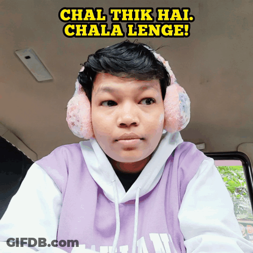 Man With Ear Muffs And Purple Sweatshirt Chal Thik Hai Chala Lenge GIF