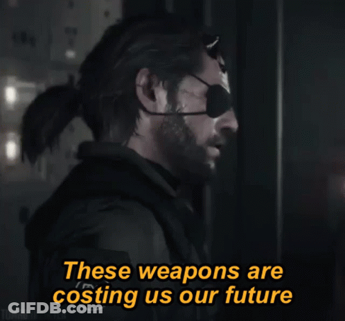Man With Eye Patch Saying These Weapons Are Costing Us Our Future GIF