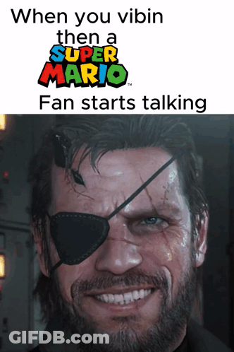 Man With Eye Patch Smiling Behind Super Mario Logo GIF