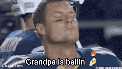 Man With Eyes Closed Says Grandpa Is Ballin GIF