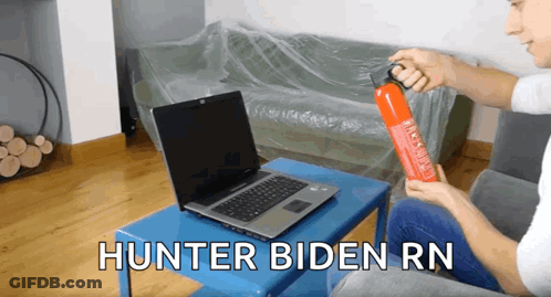 Man With Fire Extinguisher And Laptop Saying Hunter Biden RN GIF