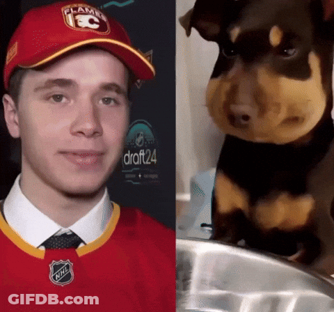 Man With Flames Hat And Small Dog GIF