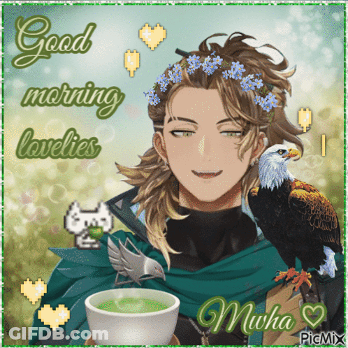 Man With Flowers In Hair Holding Cup Of Tea GIF