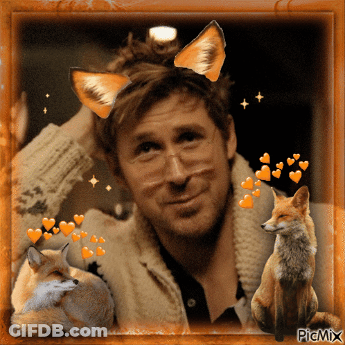 Man With Fox Ears Surrounded By Two Foxes GIF
