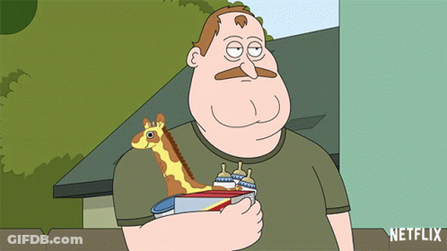 Man With Giraffe On Shoulder Holding Baby Bottles And Netflix Can GIF