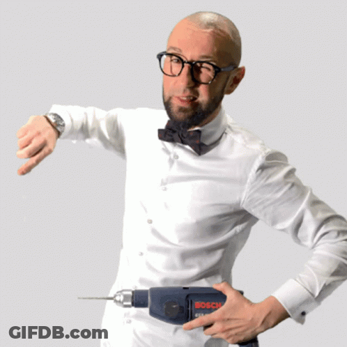 Man With Glasses And Bow Tie Holding Bosch Drill GIF