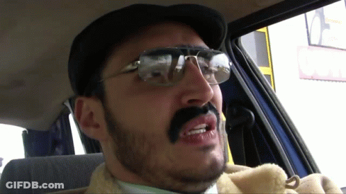 Man With Glasses And Fake Mustache In Car Backseat GIF