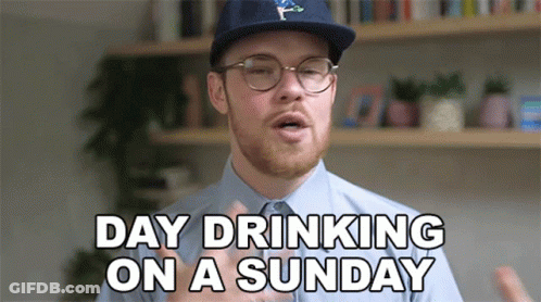 Man With Glasses And Hat Saying Day Drinking On A Sunday GIF