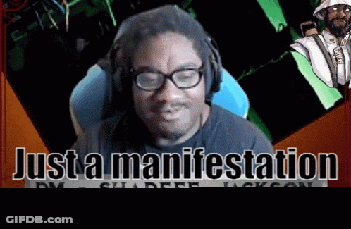 Man With Glasses And Headphones Behind Manifestation Sign GIF