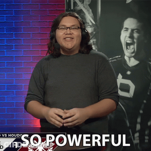 Man With Glasses And Headphones In Front Of So Powerful Sign GIF