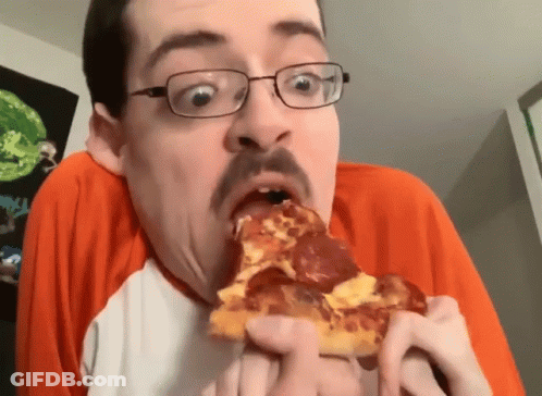 Man With Glasses And Mustache Eating Pepperoni Pizza GIF