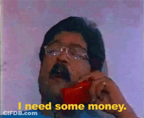 Man With Glasses And Mustache Talking On Red Phone Saying I Need Some Money GIF