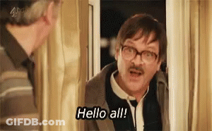 Man With Glasses And Mustache Talking To Another Man At Window GIF
