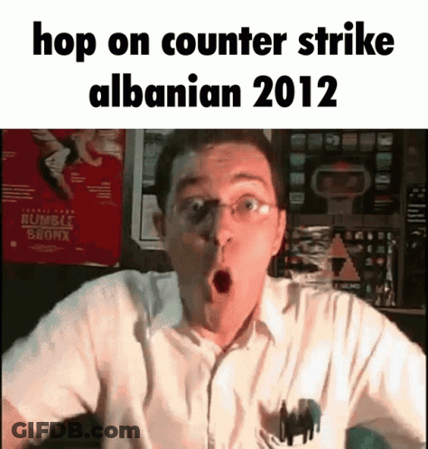 Man With Glasses And Surprised Look Says Hop On Counter Strike Albanian 2012 GIF