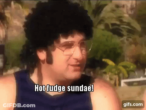 Man With Glasses And Wig Saying Hot Fudge Sundae GIF