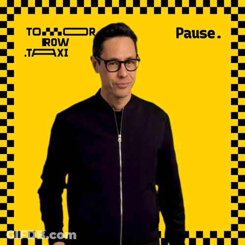 Man With Glasses And Yellow Black Checkered Saying Tomorrow Row Taxi GIF