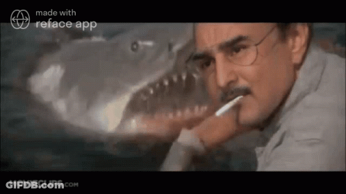 Man With Glasses Brushing Teeth By Shark In Water GIF