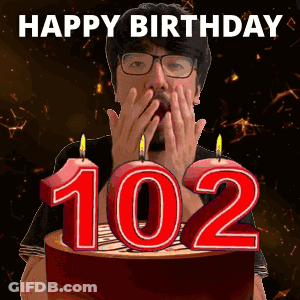 Man With Glasses Covering Mouth In Front Of 102 Birthday Cake GIF