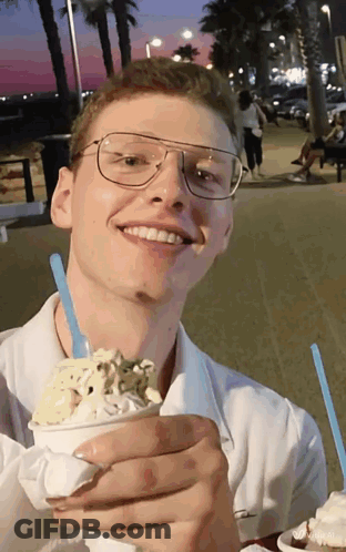 Man With Glasses Holding Bowl Of Ice Cream GIF