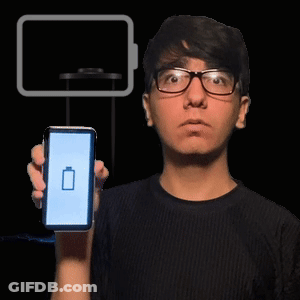 Man With Glasses Holding Cell Phone With Battery Icon GIF