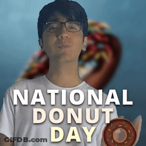 Man With Glasses Holding Donut In Front Of National Donut Day Poster GIF