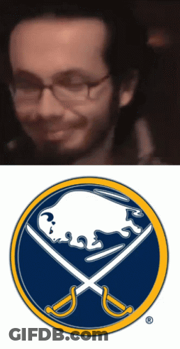 Man With Glasses Next To Sabres Logo GIF
