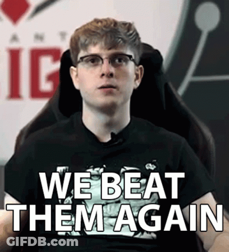 Man With Glasses Sitting In Chair Saying We Beat Them Again GIF