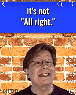 Man With Glasses Smiling In Front Of Brick Wall Saying It's Not All Right On Blue Background GIF