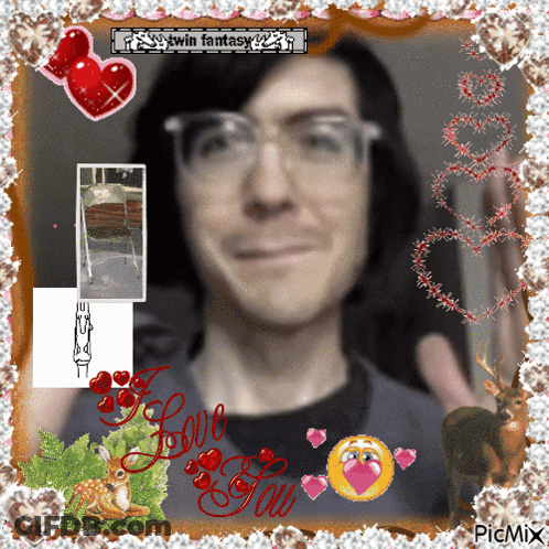 Man With Glasses Surrounded By Hearts Saying Love You GIF
