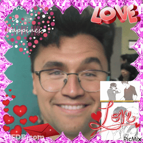 Man With Glasses Surrounded By Pink Hearts And Love GIF