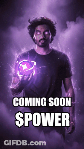 Man With Glowing Eyes Holding Purple Object With Coming Soon $ Power GIF