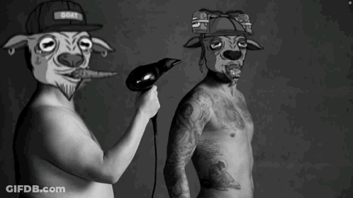 Man With Goat Head Blow Drying Hair GIF
