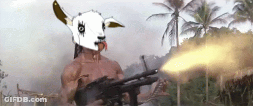 Man With Goat Head Holding Gun In Front Of Palm Trees GIF