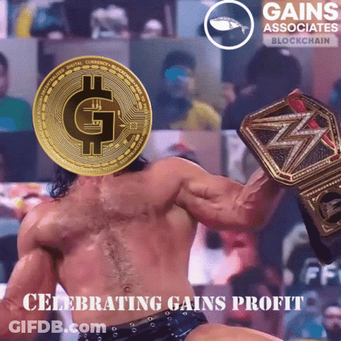 Man With Gold Coin On Head Holding Wrestling Belt Celebrating Gains Profit GIF