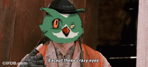 Man With Green Bird On Face Says Except These Crazy Eyes GIF