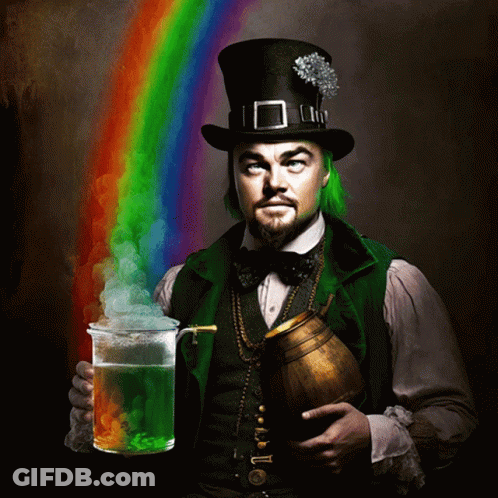 Man With Green Hair And Top Hat Holding Beer GIF
